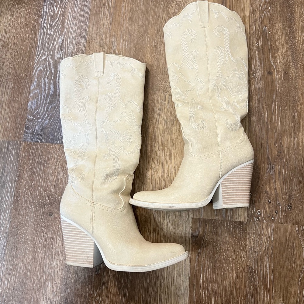 Forever 21 Cream Heeled Boots Western Style